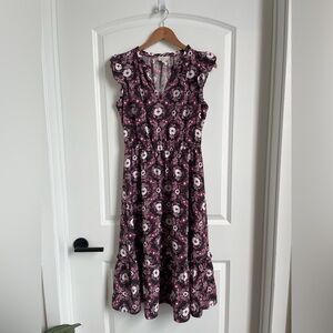 LOFT Outlet Gray and Burgundy Floral Midi Dress